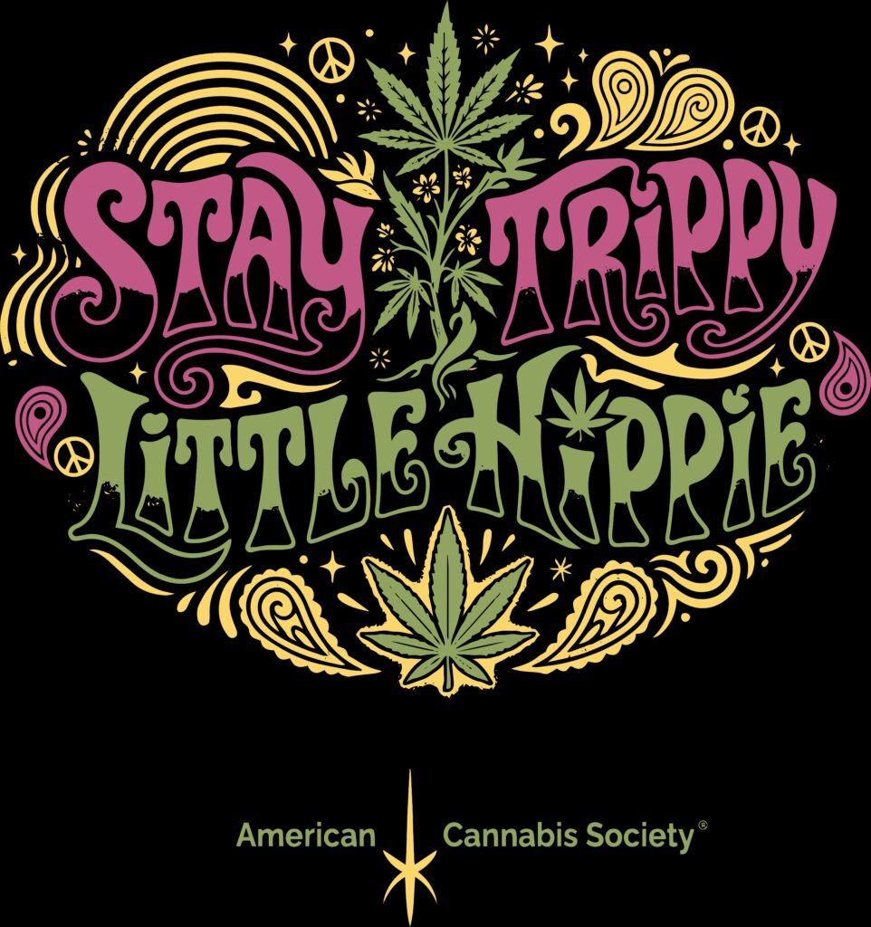 THCFactor.com Stay Trippy Little Hippie graphic tee - cannabis apparel design